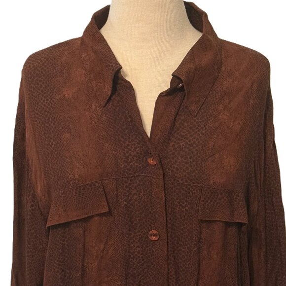 CM Shapes Brown Long Sleeve Printed Button Up Womens Shirt Top 1X 90s Y2K - Picture 2 of 8
